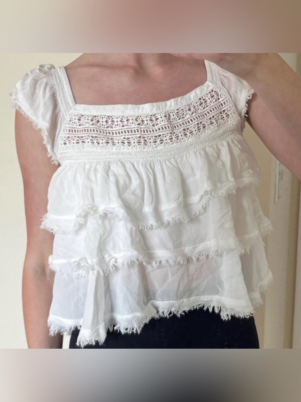 Mi Ami White Crochet Ruffle Blouse